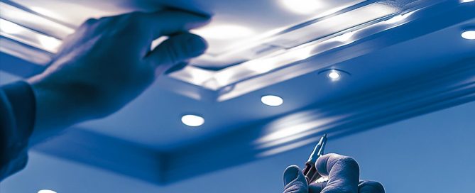 Hände Montieren an einer LED Leiste an einer weißen Decke